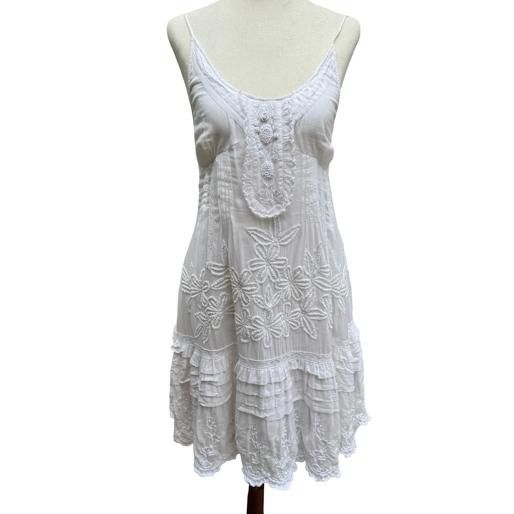 Ethereal Boho Coastal Floral Embroidered Beach Sundress Smocked Back Ruffle Lace